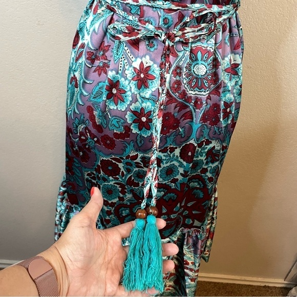 Nolita 100% Silk Boho Midi Length Sleeveless Tiered Dress Turquoise Blue Floral - Picture 10 of 13